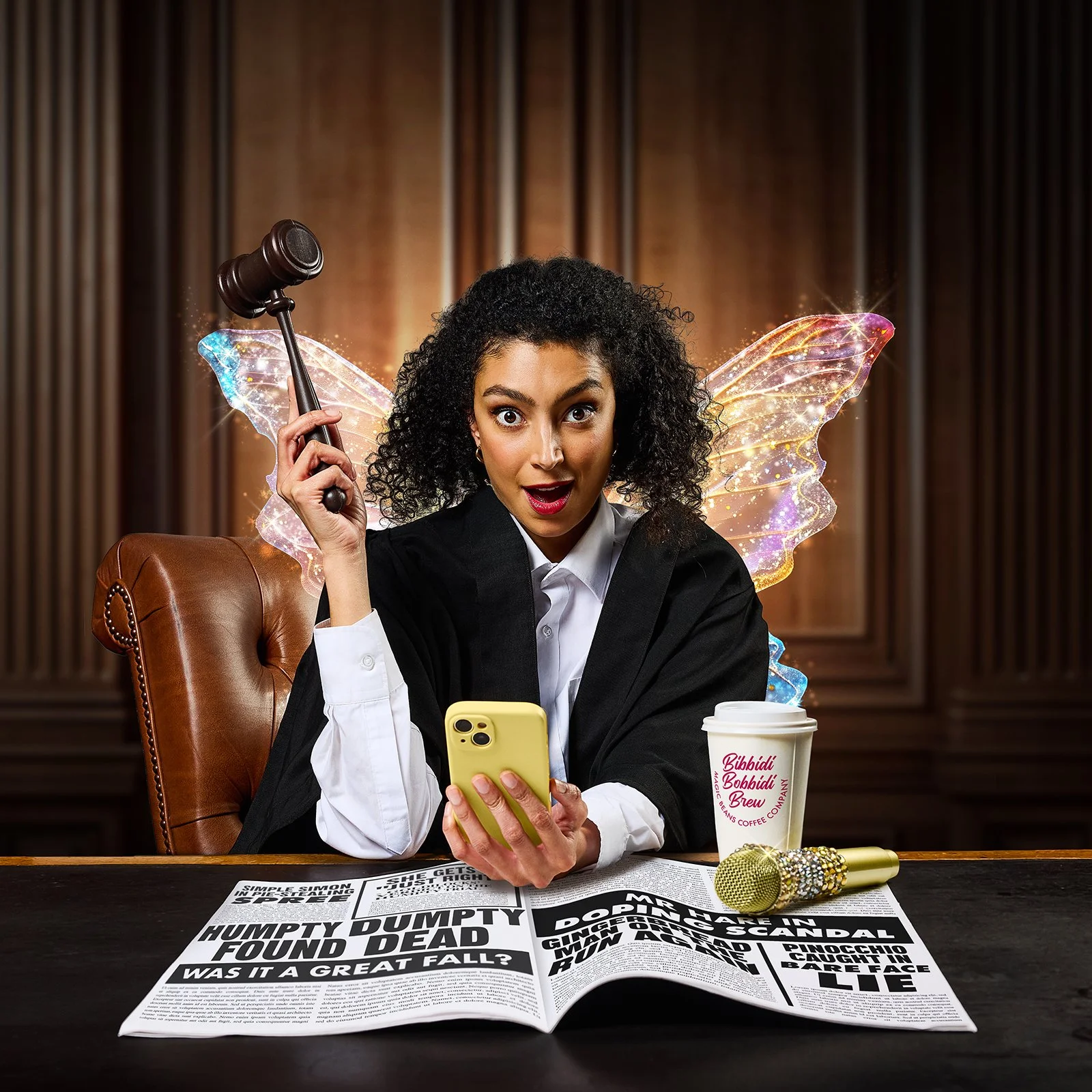 The Uncrackable Case, 2025. A high court judge with gossamer fairy wings sits at a desk in a wood-panelled law chambers, holding up a gavel and gasping at a scandalous post on her phone.