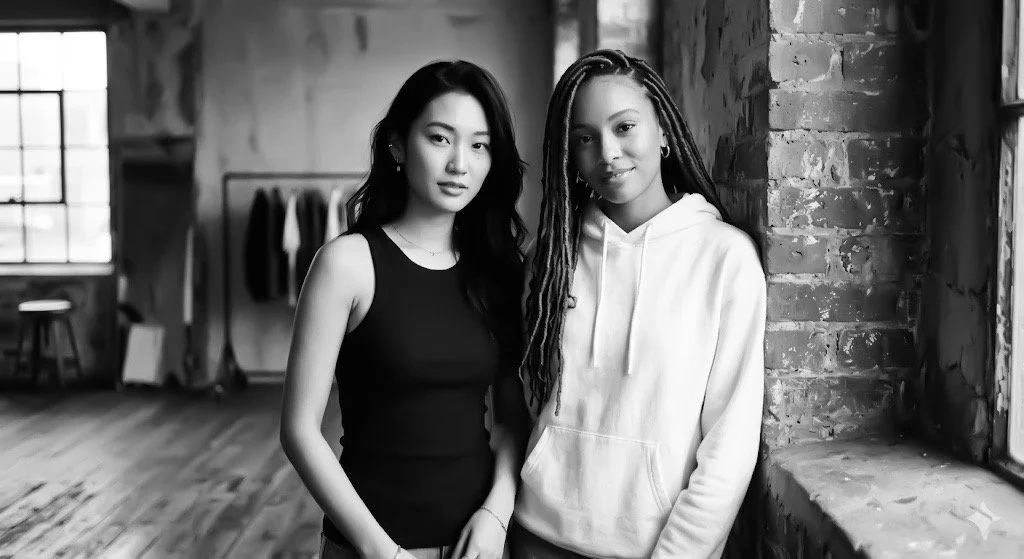 Two young women standing indoors near a brick wall, both smiling. One wears a sleeveless top, the other a hoodie.