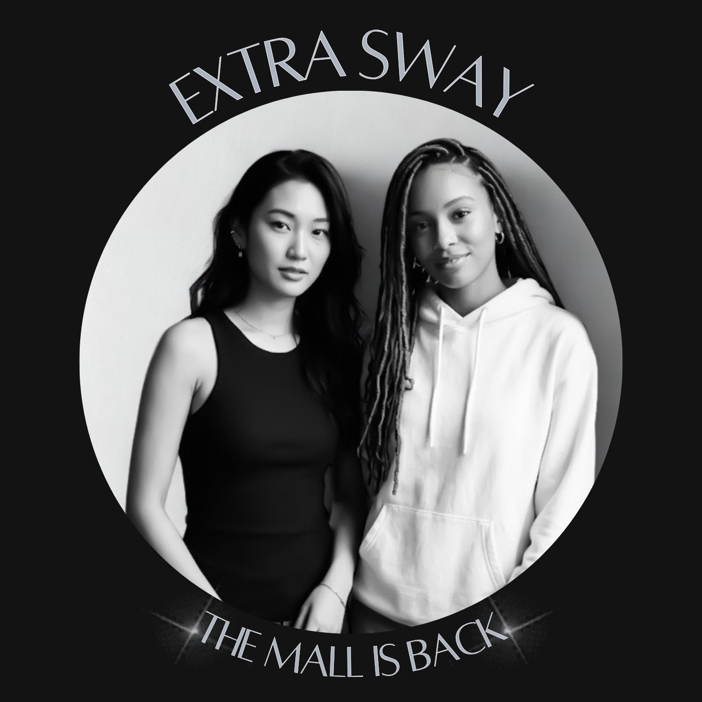 Black and white photo of two young women standing close together against a plain wall. One woman is wearing a sleeveless black top, and the other is wearing a white hoodie. The image is framed within a circle with the text "The Mall Is Back" at the bottom and "Extra Say" at the top.