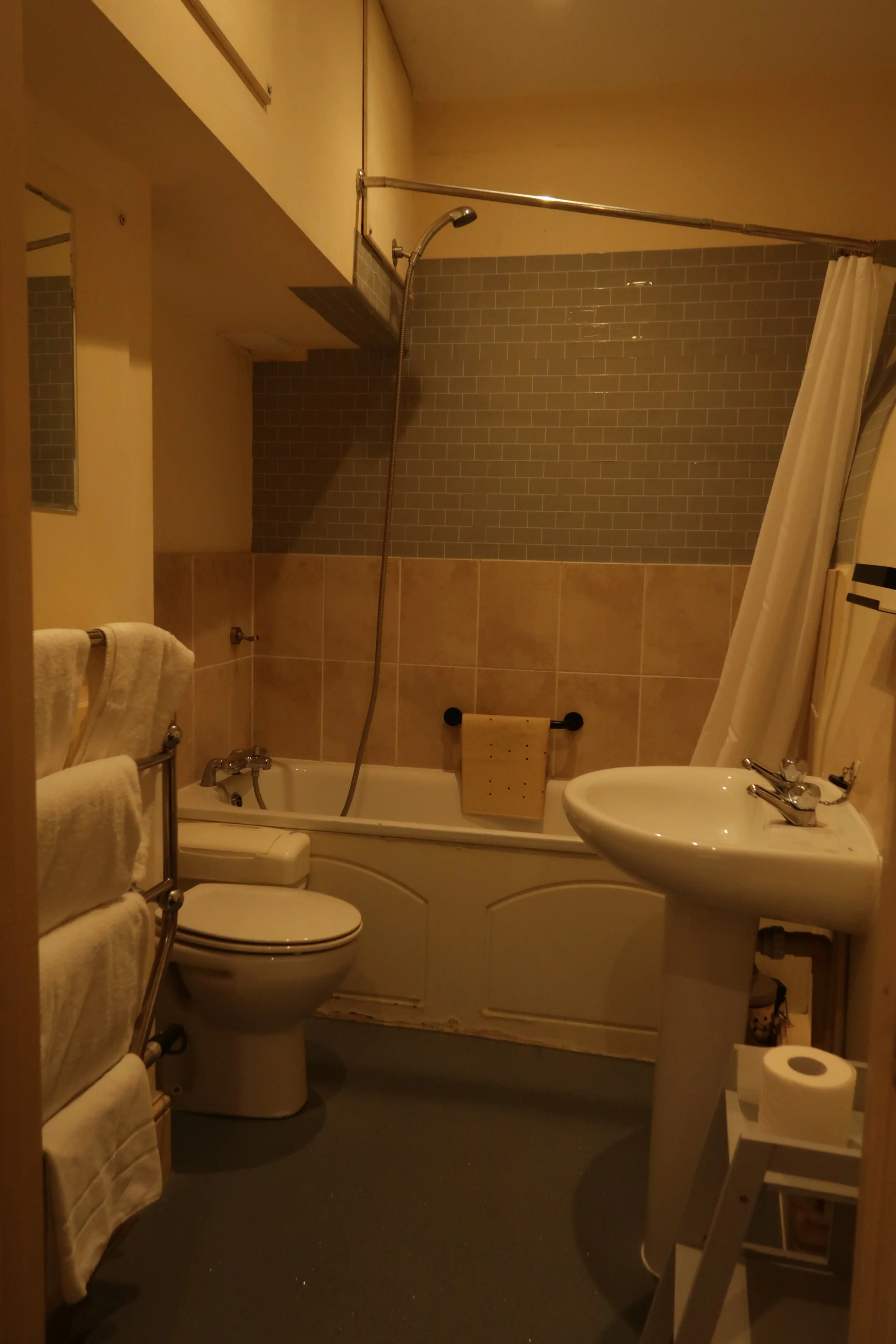 Small, dimly lit bathroom with a shower, toilet, sink, and towels.