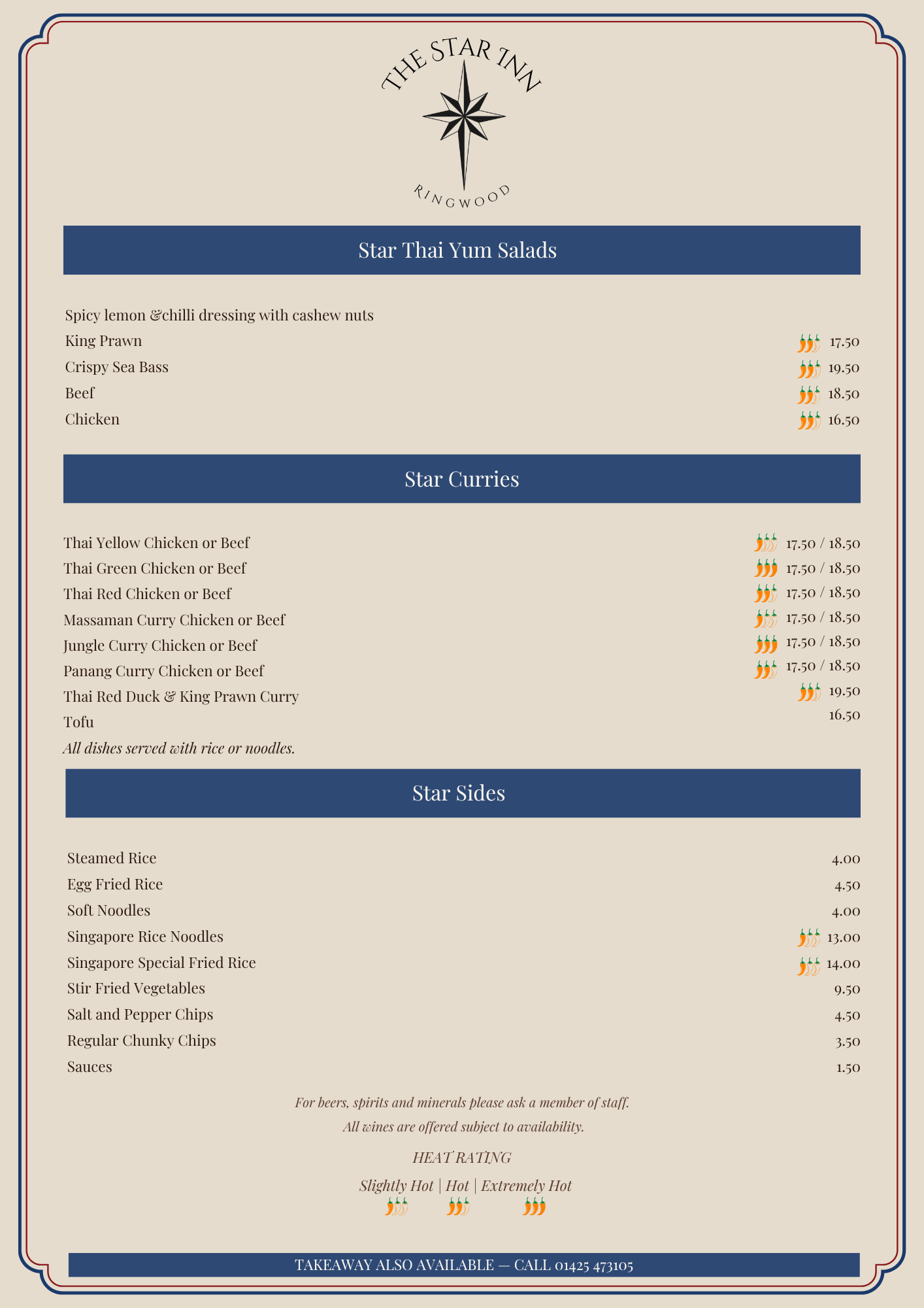 Menu from The Star Inn in Ringwood featuring star Thai Yum Salads, star curries, star sides, and heat ratings. Prices range from £1.50 to £19.50. a pub in ringwood, Dorset