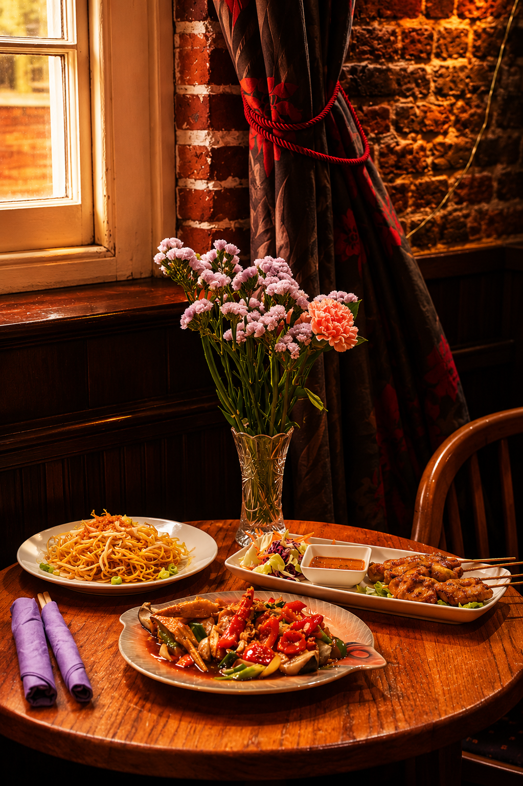 A wooden table with three dishes of Asian food, a vase of pink and orange flowers, near a window with curtains, in a cozy restaurant setting.