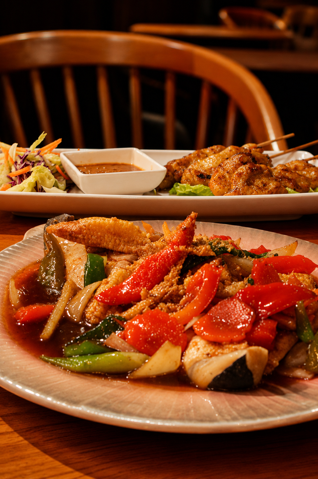 Close-up of a plate with stir-fried vegetables including bell peppers, onions, and eggplant, in a savory sauce in the foreground, with a larger platter of grilled chicken skewers, salad, and dipping sauce in the background.