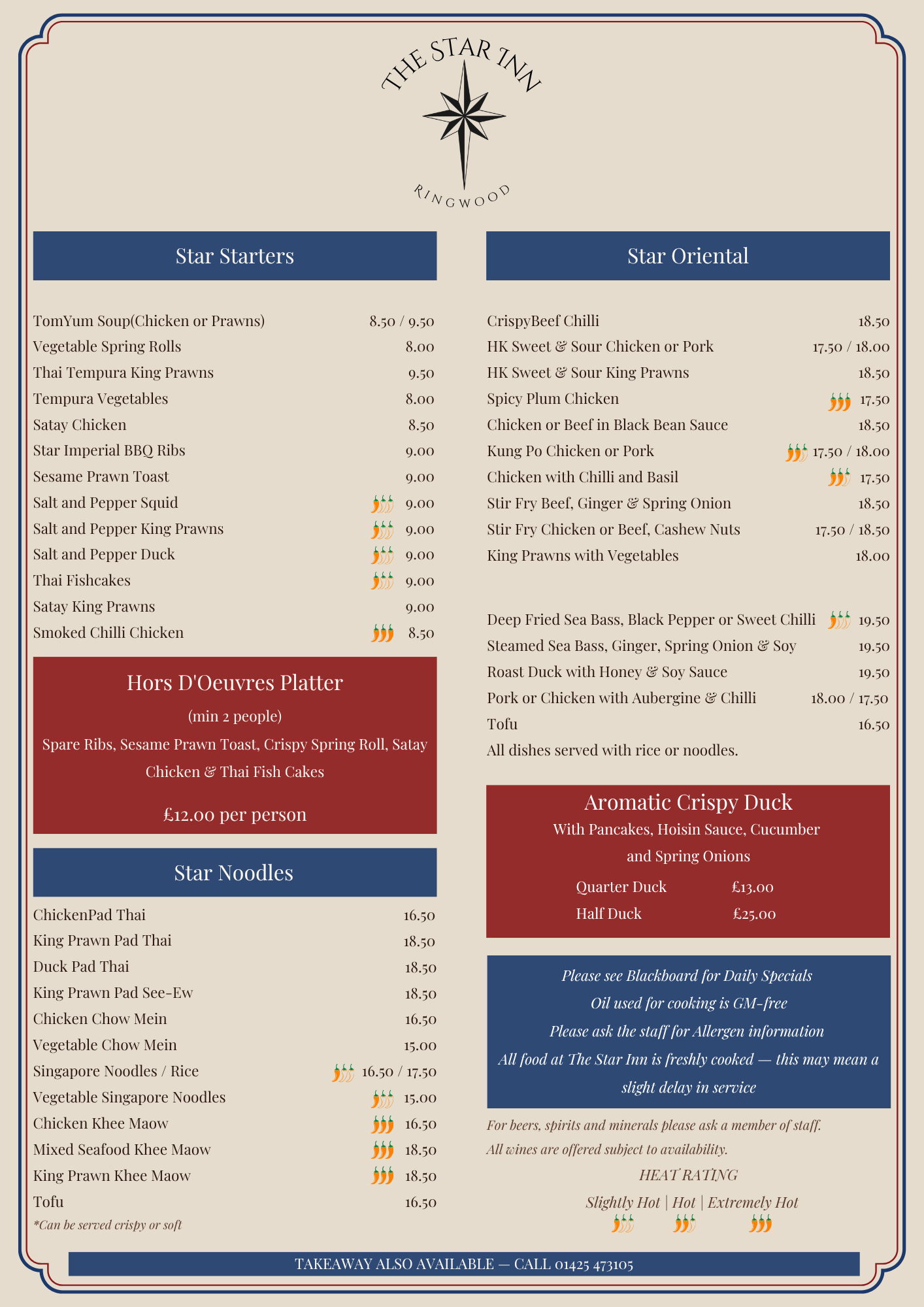 Menu from The Star Inn Ringwood featuring star starters, star oriental dishes, star noodles, aromatic crispy duck, and a hors d'oeuvres platter, with prices and heat ratings.