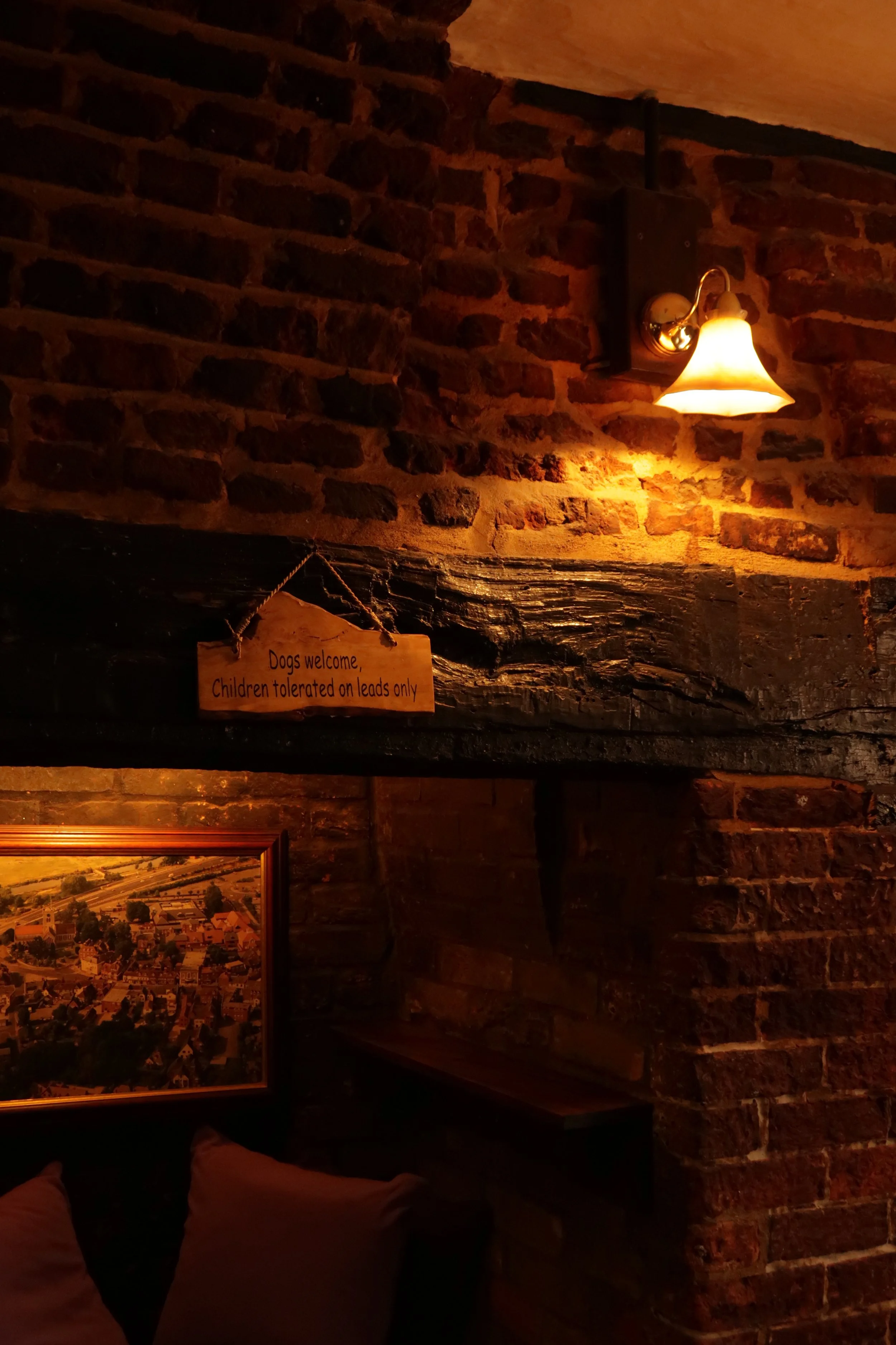 A warm, dimly lit brick interior with a wall-mounted light fixture and a small wooden sign that reads: "Dogs welcome, children tolerated on leads only." There's also a framed picture of a town or neighborhood landscape at the bottom left of the image