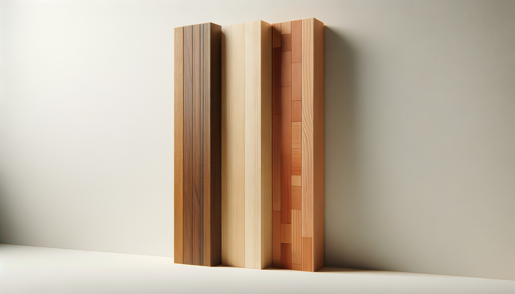 Four vertical wooden boards of different shades and finishes arranged side by side against a plain wall.