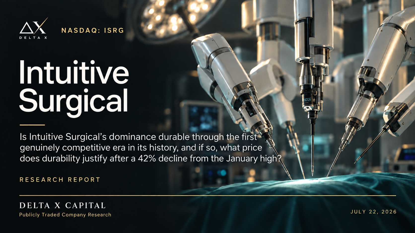 Robotic surgical arms operating on a patient in a surgical setting.