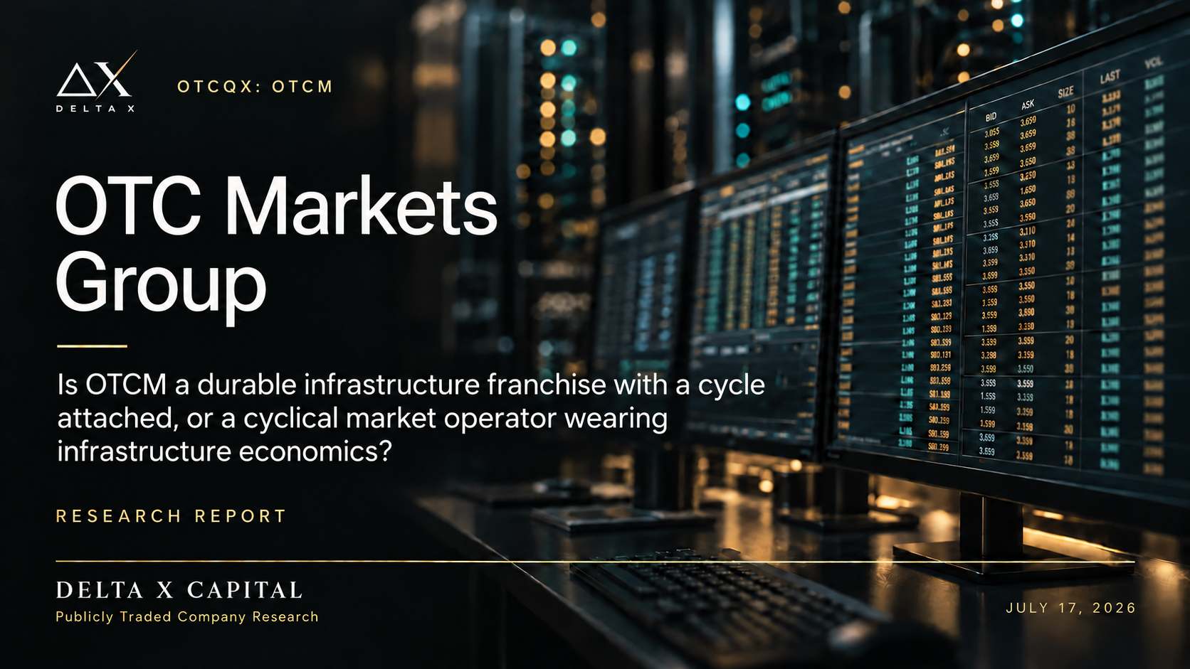 Cover page of a research report titled 'OTC Markets Group' found on a background of multiple computer monitors displaying financial data, with the date July 17, 2026, and branding for Delta X Capital.