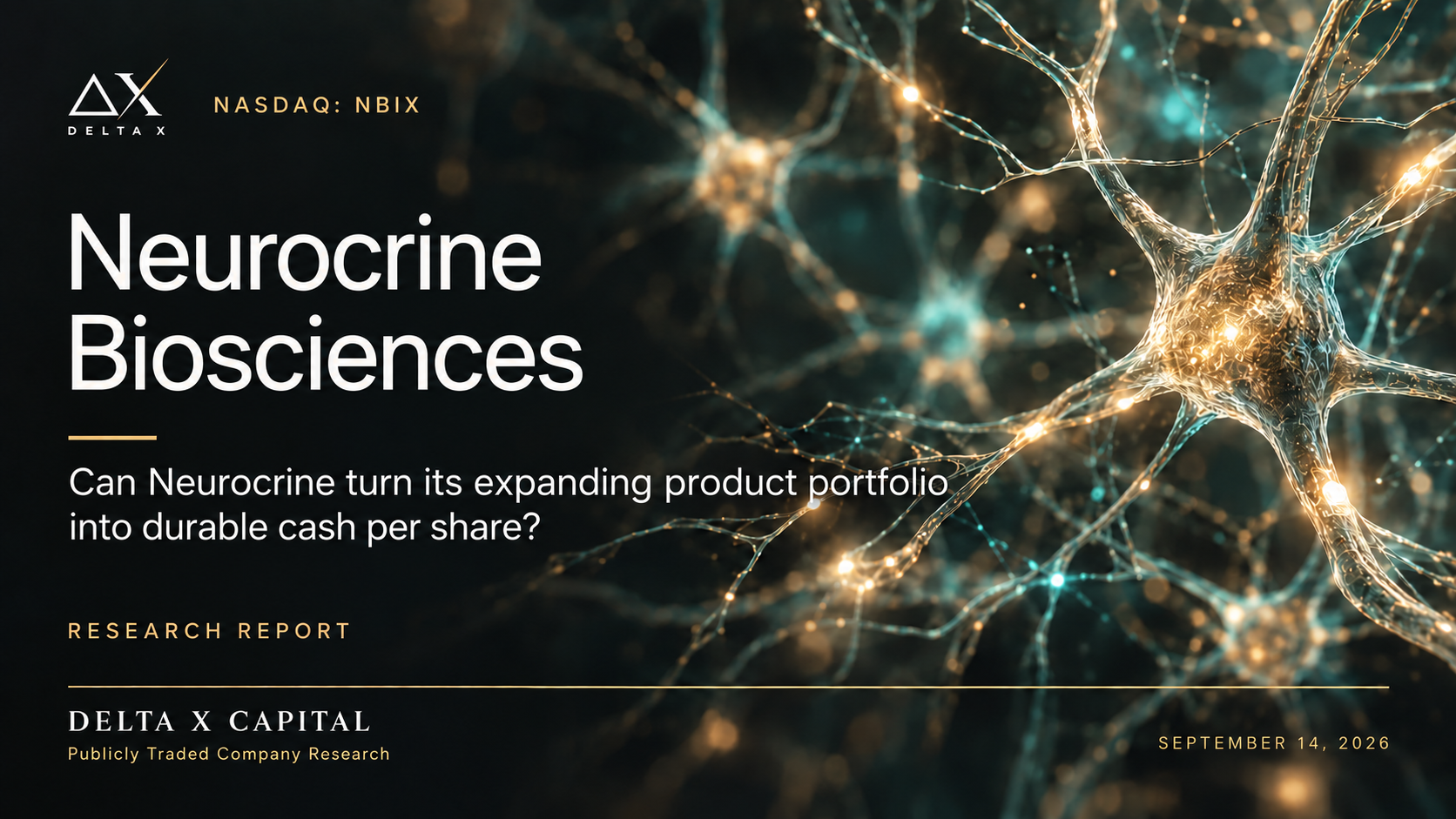 Cover page of research report titled 'Neurocrine Biosciences' with a neural network illustration background, dated September 14, 2026.