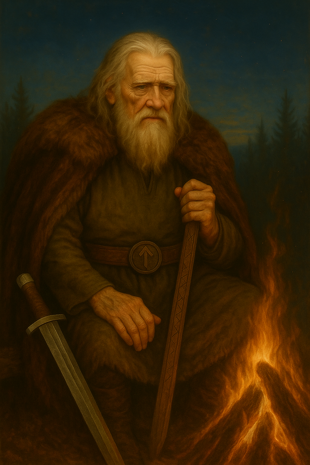 The Sory Teller - A painting of an elderly man with long gray hair and beard, dressed in ancient clothing, sitting by a campfire in a forest at night, holding a staff and with a sword resting beside him.