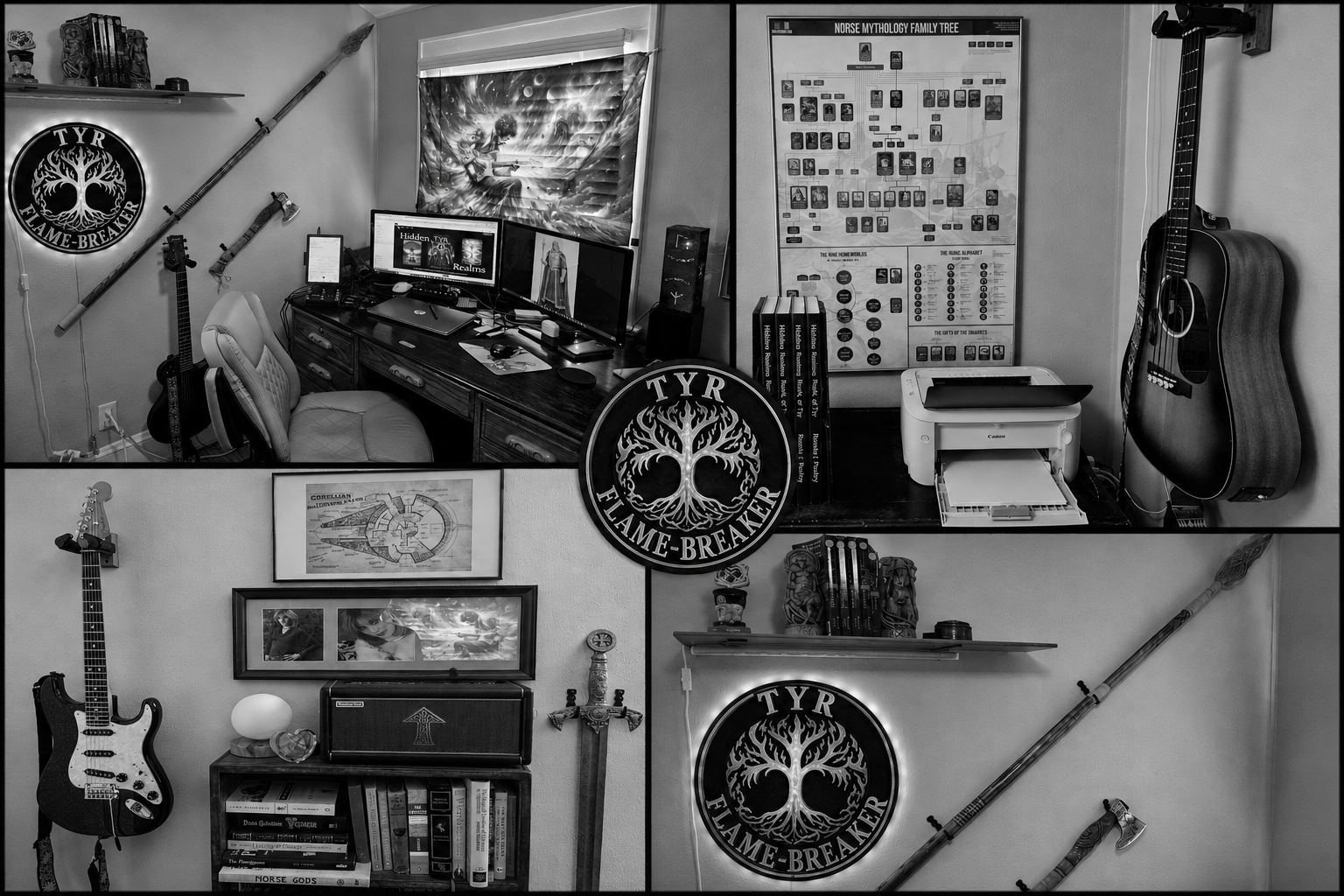 A collage of three black-and-white photos showing a home office and music room. The top photo features a desk with dual monitors, a guitar on a stand, a chair, and wall decorations including a Norse mythology family tree chart. The bottom left includes a bookshelf with books, framed photos, and a guitar mounted on the wall. The bottom right displays a round sign with a tree and the words "TYR FLAME BREAKER," a shelf with books and figurines, and more wall decorations, including axes and a sword.
