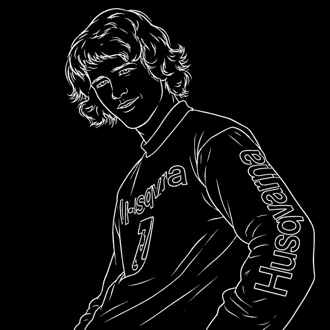 Line art illustration of a young man, the author, Ron, with curly hair wearing a motocross jersey with Husqvarna written on the sleeve, smiling slightly, and looking at the camera.