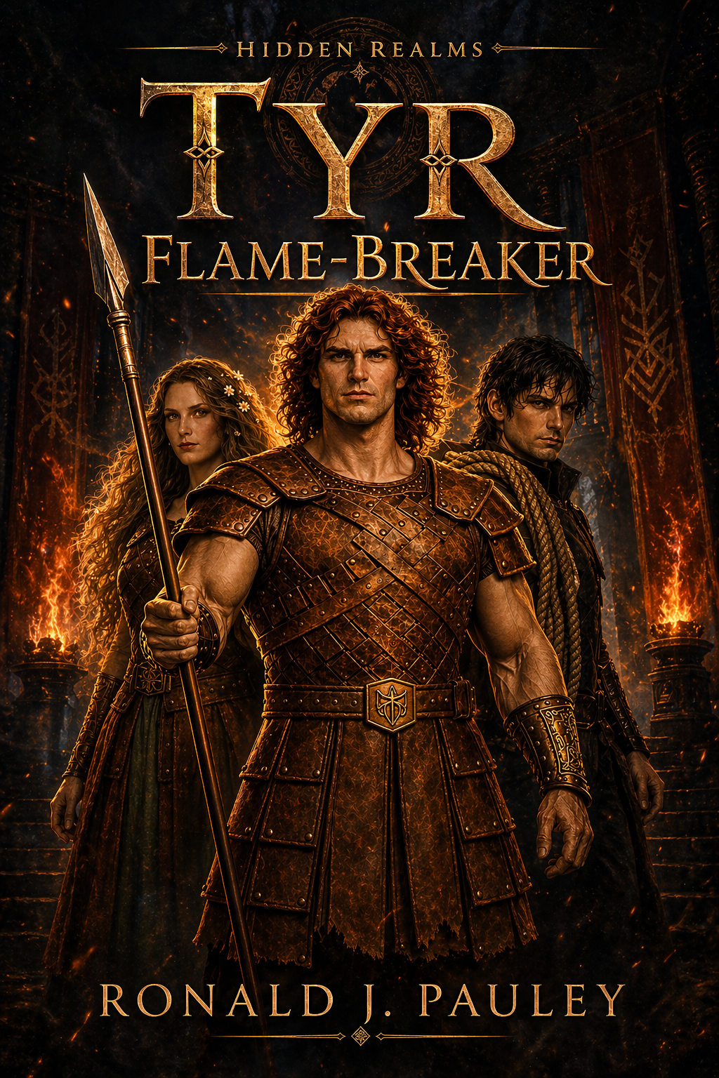 Book cover for 'Tyr Flame-Breaker' by Ronald J. Pauley. Features three characters in armor with fiery background and dark ornate decoration.