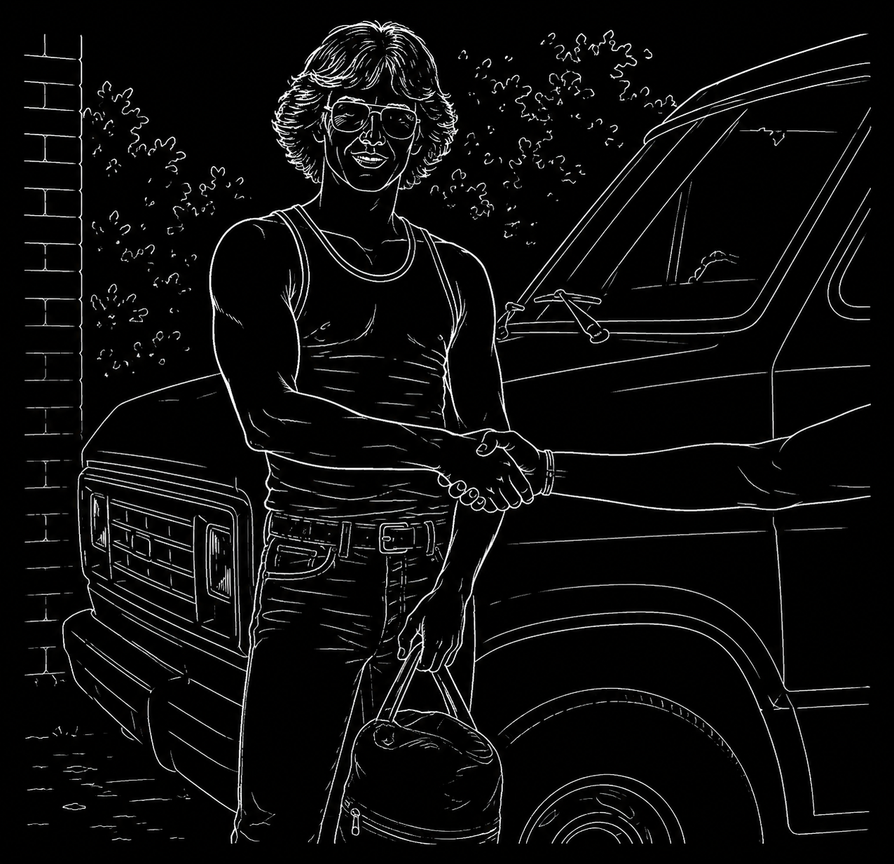 Outline drawing of a muscular young man, the author, Ron, in sunglasses, shaking hands with his US Navy recruiter, standing next to a van in the background, holding a bag.