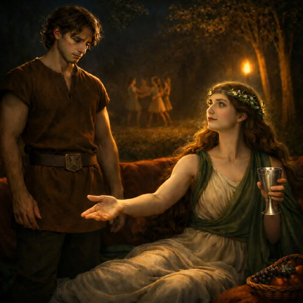 Scene from Chapter 1 of The Poetic Edda - Lady Njorun, with long curly hair and a floral crown, is sitting outdoors at night, welcoming the forlorn young Tyr. Several child dancers are in the background among trees. Torch light illuminates the scene.