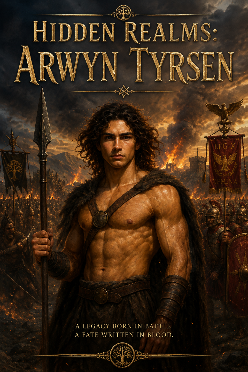 A fantasy book cover titled 'Hidden Realms: Arwyn Tyrsen' shows a muscular man with long, curly hair, holding a spear, standing in front of a Roman army with a burning background, ancient armor, and banners.