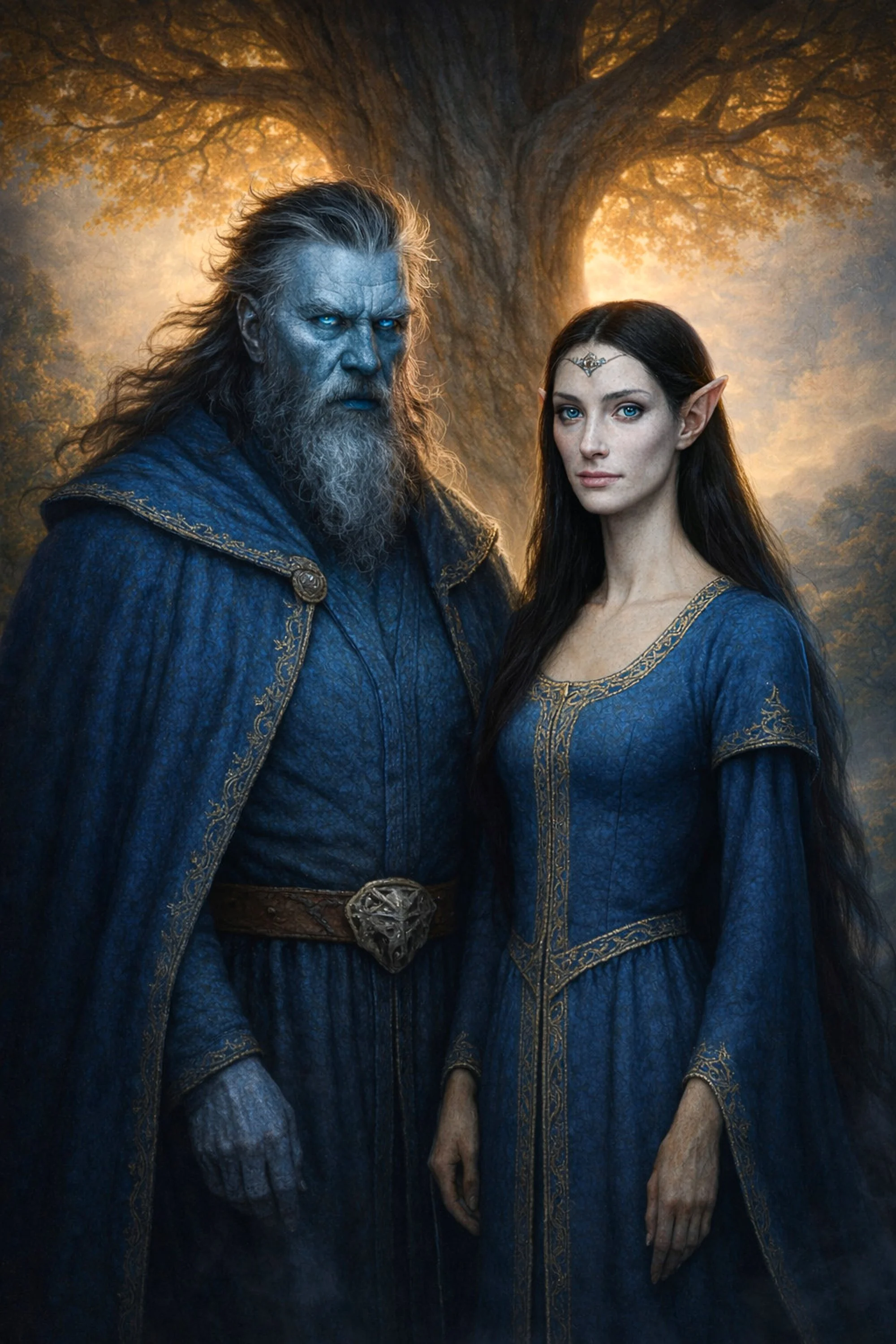 Scene from Chapter 1 of The Poetic Edda - Farbauti and Laufey are standing under Yggdrasil. He is a towering Giant with ice blue skin and blue eyes. Both he and Laufey are outfitted in royal blue with silver trim.