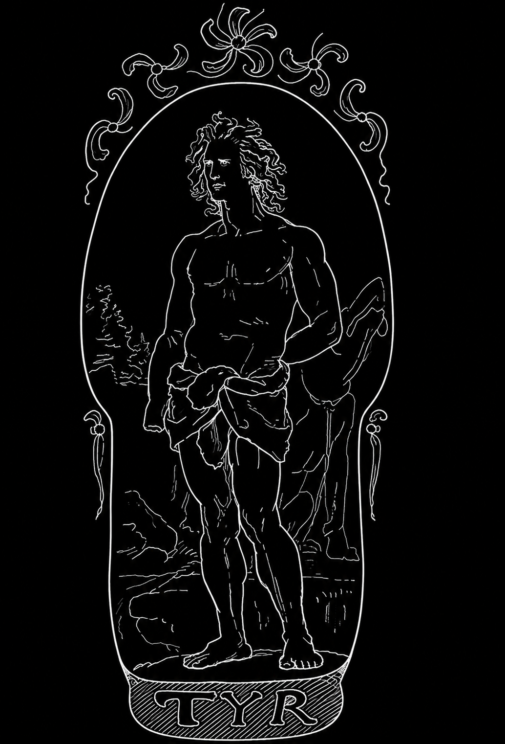 Line art illustration of Tyr, a figure from Norse mythology, depicting him as a muscular man with curly hair, standing with one arm holding a large sword and the other arm resting at his side, set within a decorative oval border with the name 'TYR' inscribed at the bottom.