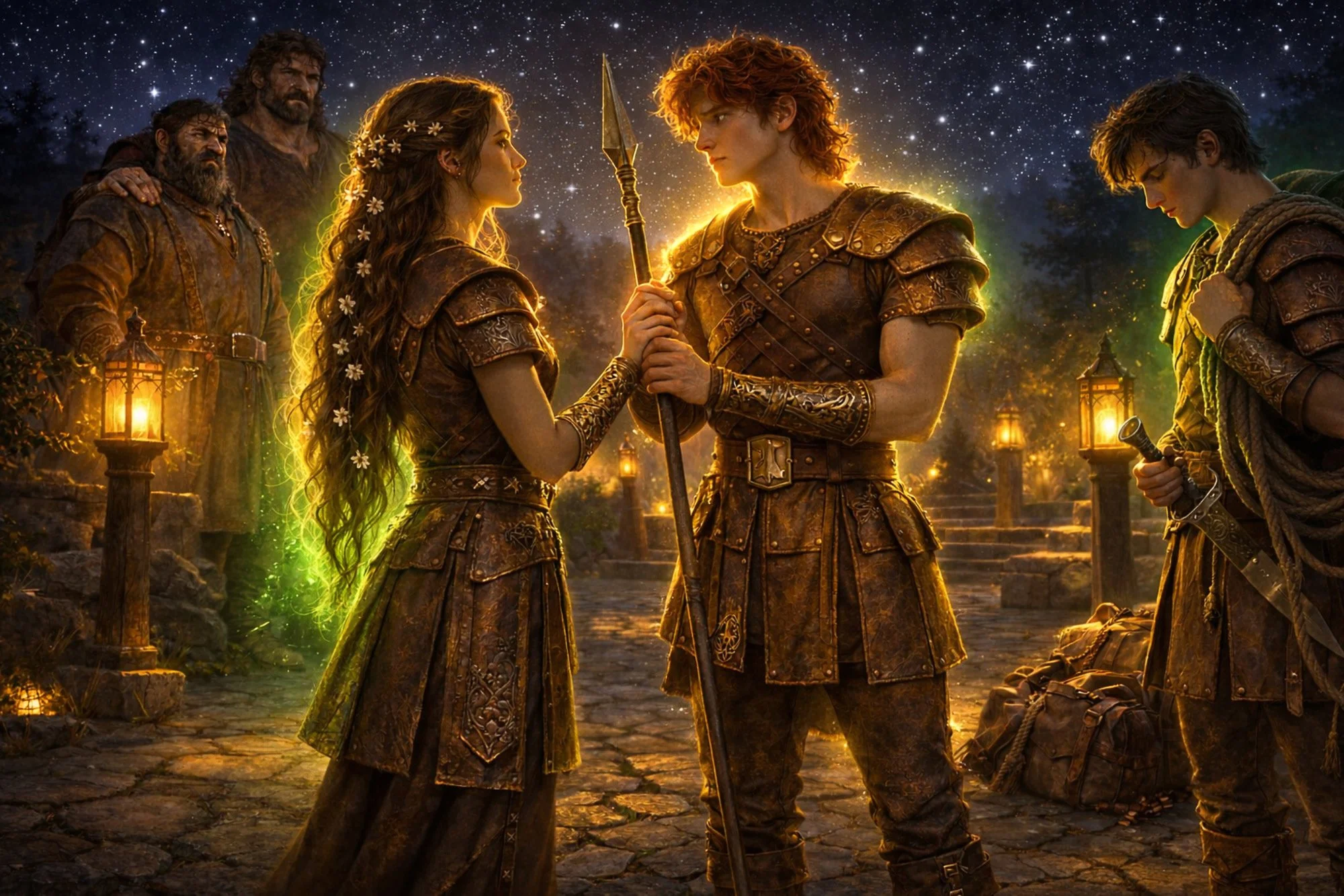 Scene from Chapter 2 of the Poetic Edda - Nerthus, Tyr, and Loki are prepared for their quest into the Hidden Realm to find Hrod. Hymir and Skrymir are in the background watching. Nerthus and Tyr have an intimate connection, while Loki looks down.