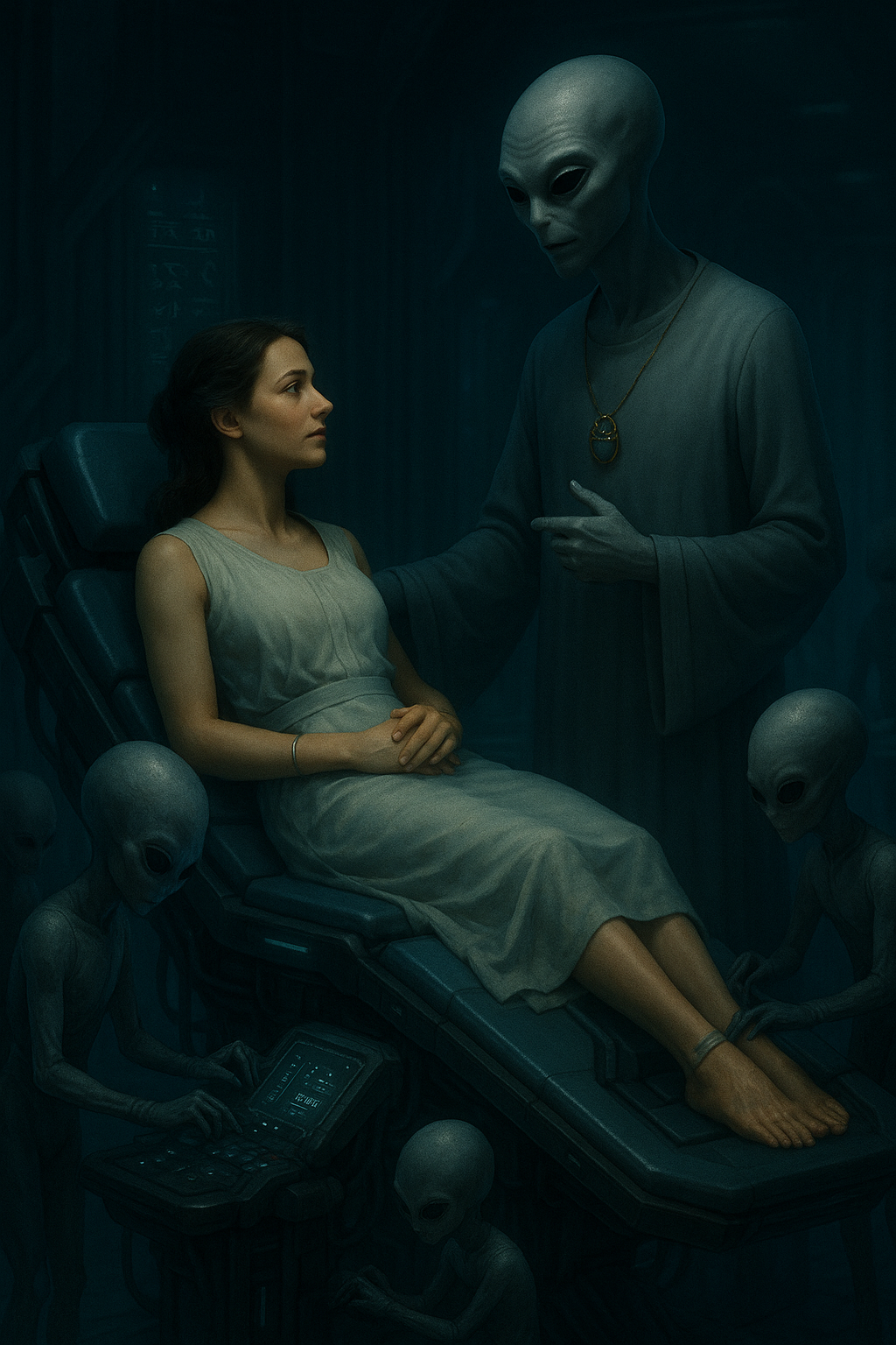 A woman with dark hair sitting on a futuristic medical chair, looking at an alien figure standing next to her. The alien has large black eyes, gray skin, and wears a gray robe with a gold necklace. Two smaller aliens are nearby, one using a medical device, and a third alien is partially visible.