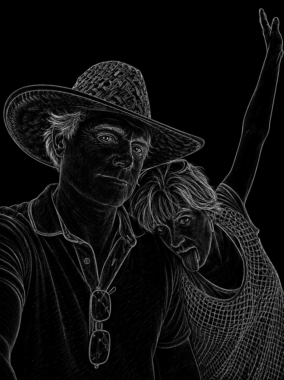 A digitally processed image showing Ron and his wife, Cheryl. He is wearing a wide-brimmed hat as Cheryl is leaning into him, making a funny face and extending her arm up in an exaggerated pose.