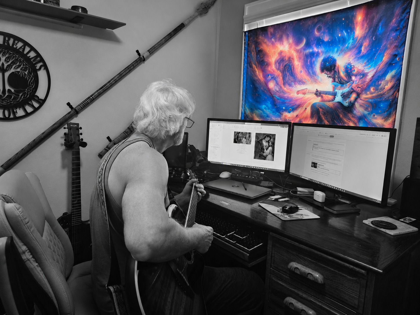 Black and white photo of a man with gray hair playing an electric guitar in a cluttered home office. The man is sitting in front of a desk with two monitors, one showing artwork and the other showing a document. Behind him, a large colorful poster of a person playing guitar in a cosmic landscape is on the wall. The desk has various items including a laptop, mouse, and other objects, and a guitar is propped against the wall beside him.
