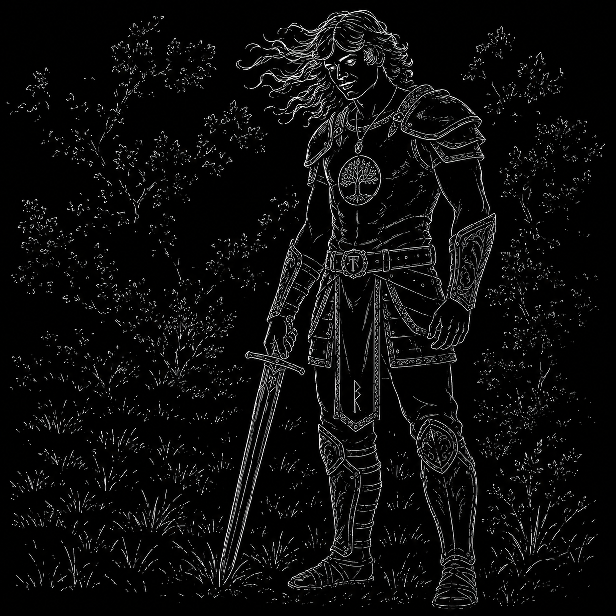 A black and white outline drawing of a warrior with long, flowing hair holding a sword, wearing armor with a tree emblem on the chest, standing in front of trees and grass.