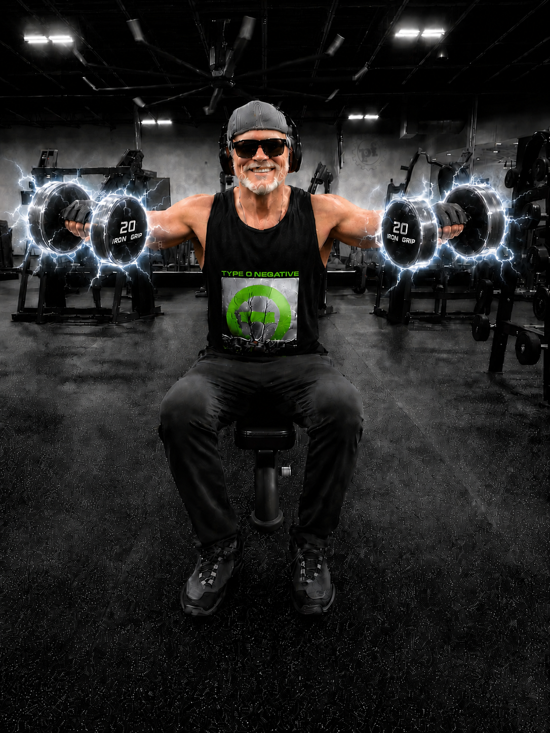 Ron at Planet Fitness, wearing sunglasses and headphones, is sitting on a bench and lifting dumbbells with electrical effects around them.
