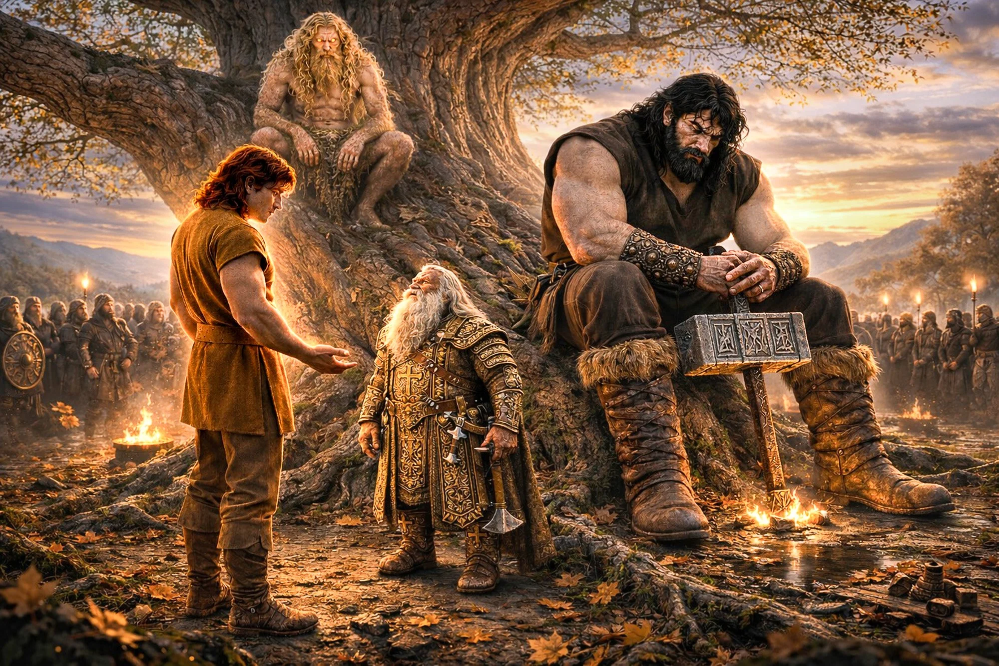Scene from Chapter 2 of The Poetic Edda - Tyr, Sindri, a Dwarf Lord, Heimdall perched within Yggdrasil, and Tyr's father, Hymir the Great, the most powerful of the Jotunn. They are discussing where Tyr's mother, Hrod, may have gone—The Hidden Realm.