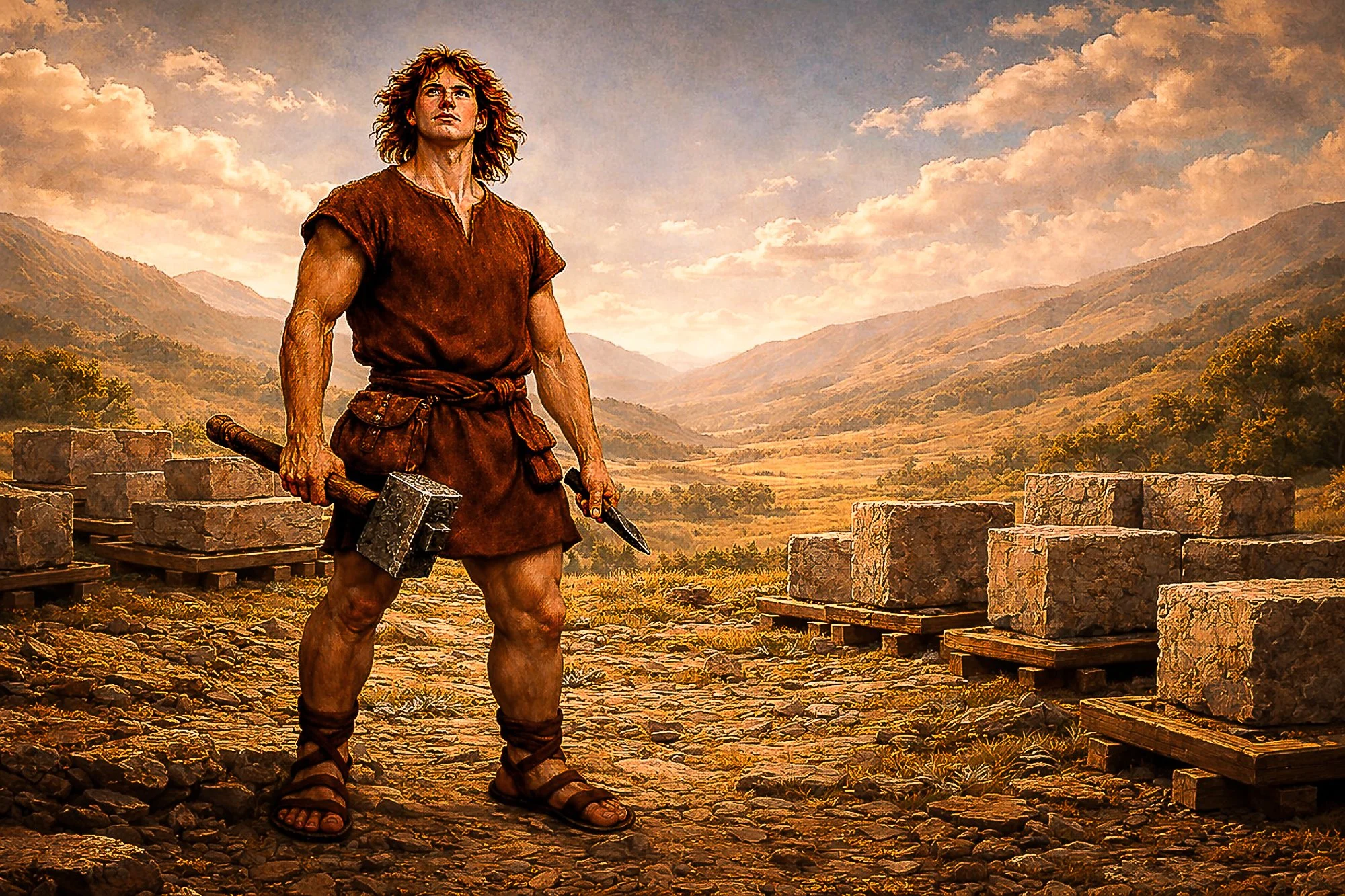Scene from Chapter 1 of The Poetic Edda - Young Tyr holds a hammer and a chisel in a mountainous landscape. He wears a primitive brown tunic and sandals, standing among stone blocks and wooden pallets at sunset.
