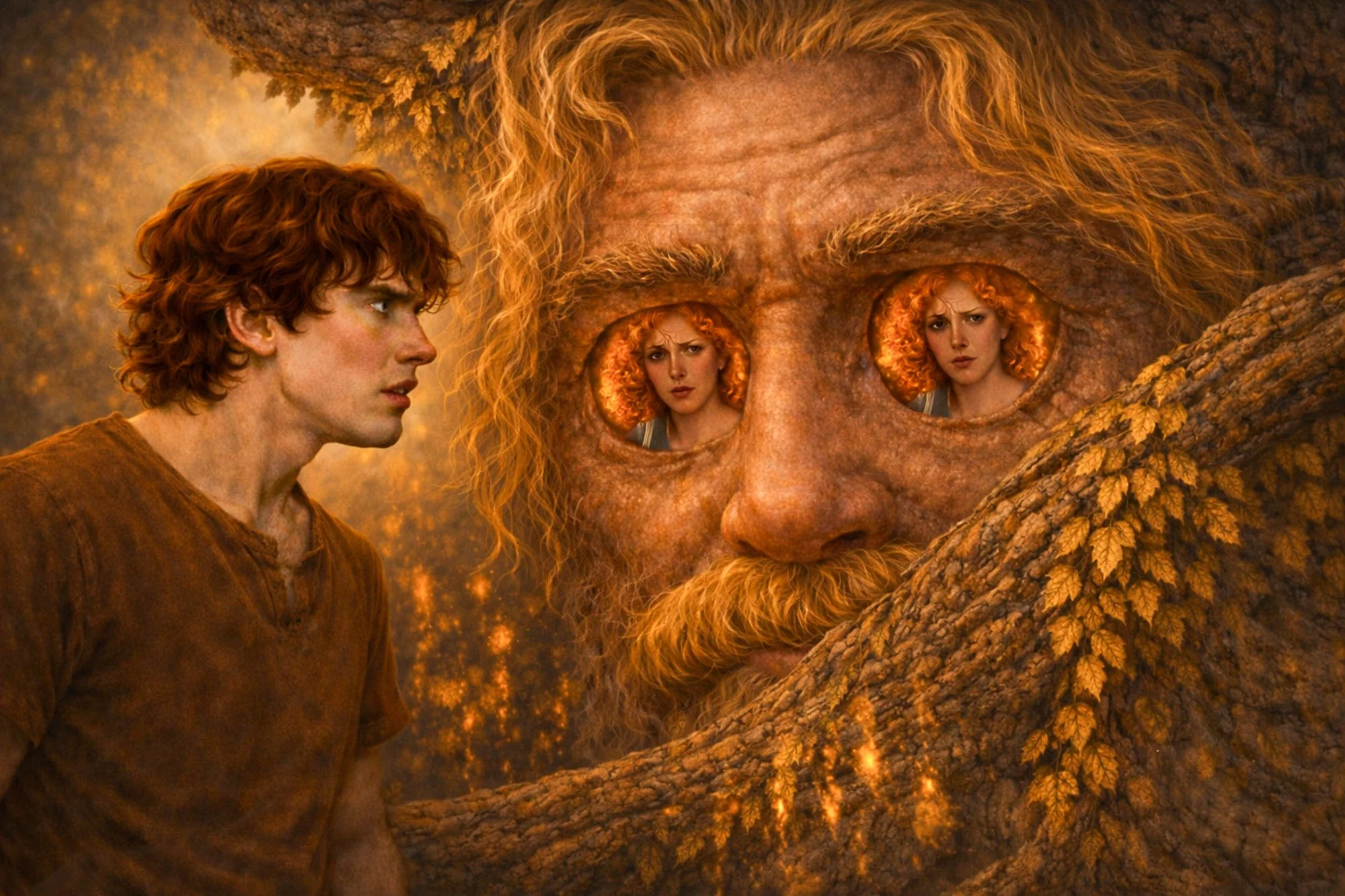 Scene from Chapter 2 of The Poetic Edda - Young Tyr is looking into Heimdall's eye and sees his mother, Hrod. Tyr has dark auburn hair and a worried expression. Heimdall's Giant face and hair are golden as he hides behind a branch of Yggdrasil.