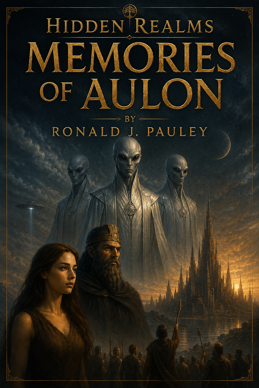 Book cover for "Hidden Realms: Memories of Aulon" by Ronald J. Pauley, featuring a fantasy scene with alien-like figures, a castle, and a group of people holding spears under a dark, starry sky.