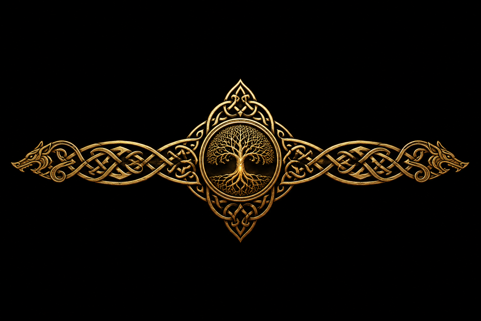 Gold Celtic knot design with a central circular motif featuring a tree with sprawling branches and roots, set against a black background as a divider.
