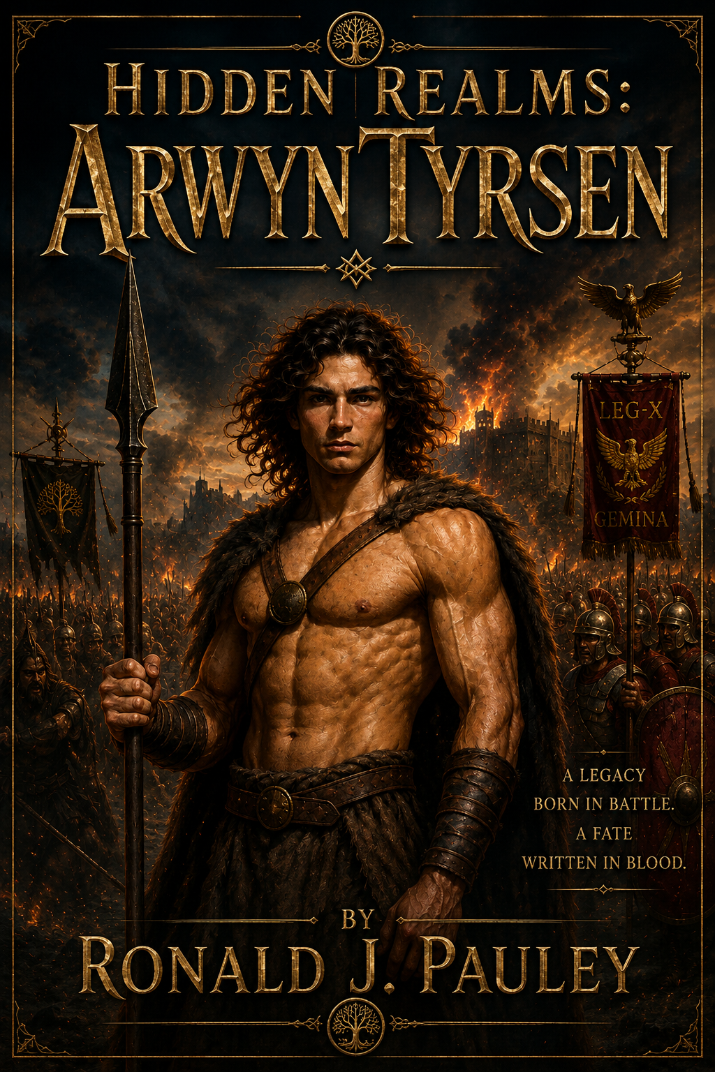 Fantasy book cover titled "Hidden Realms: Arwyn Tyrsen" by Ronald J. Pauley, featuring a muscular young man, holding a spear, in front of a battlefield with Roman soldiers and banners, with a dark, smoky sky and flames in the background.