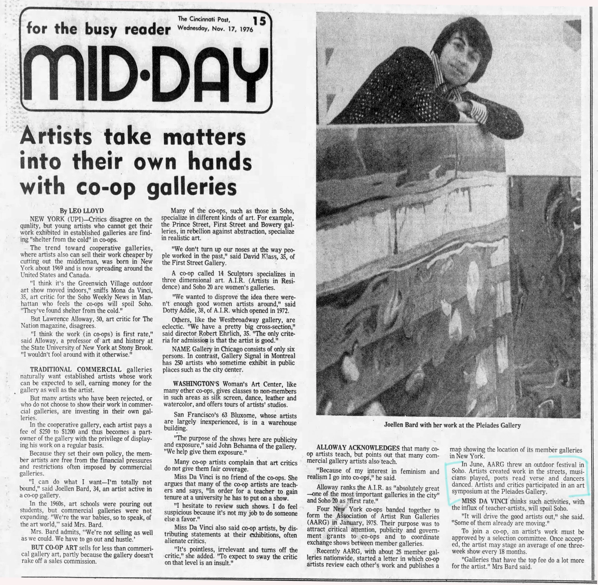 rom the Cincinnati Post about Coopertaive galleries with mention of Pleiades