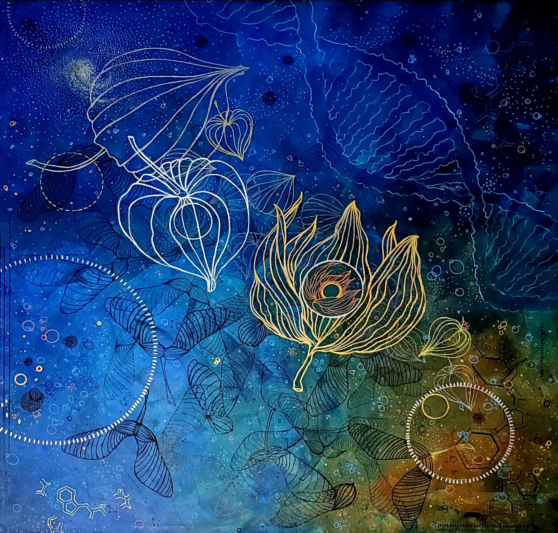 primordial soup-a multi-layered blue painting by artist Heather Stivison referencing the origins of life