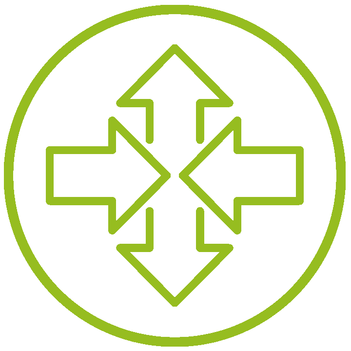 Symbol für Barrierefreiheit mit vier Pfeilen, die in alle vier Richtungen zeigen, innerhalb eines grünen Kreises.