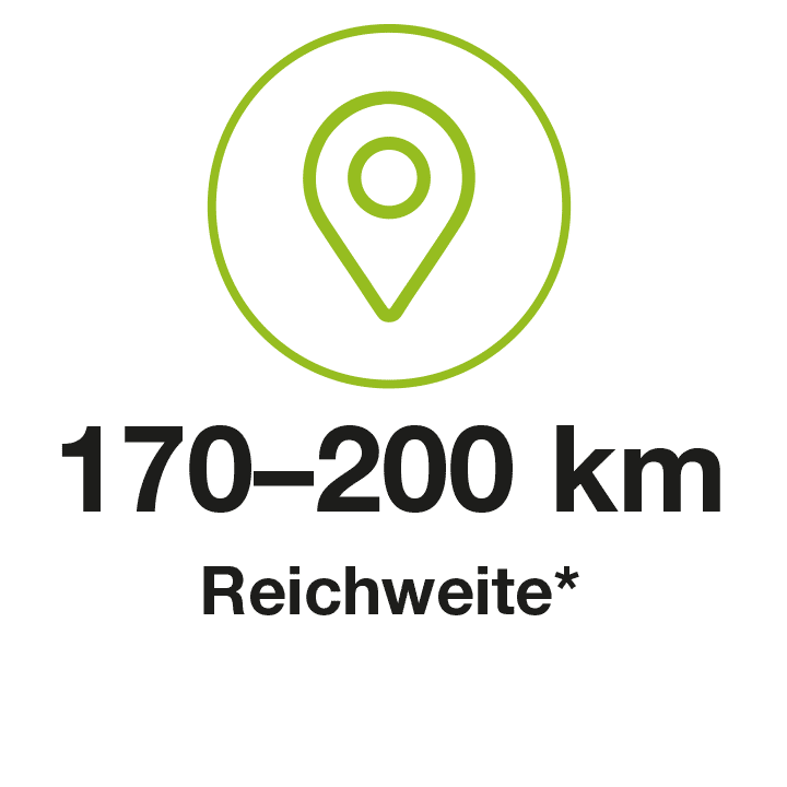 Grafik mit einer grünen Standortmarkierung, darunter die Angabe "170–200 km Reichweite"