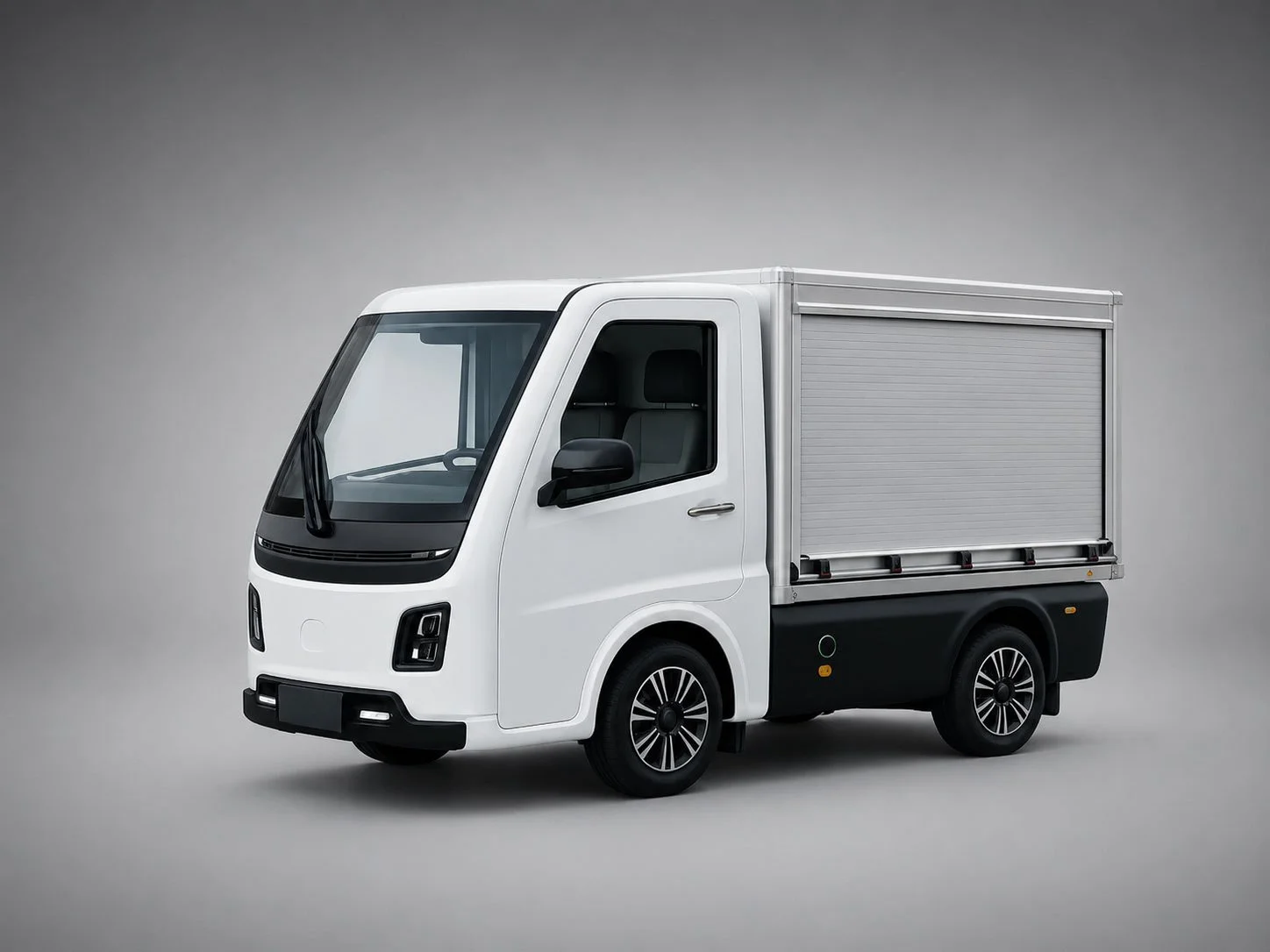 E-Kommun-Fahrzeug mit Rollupkoffer – ein kompaktes Kommunal-Elektrofahrzeug, mit praktischem Zugang für schnelle Be- und Entladung bei Lieferdiensten und Pakettransport