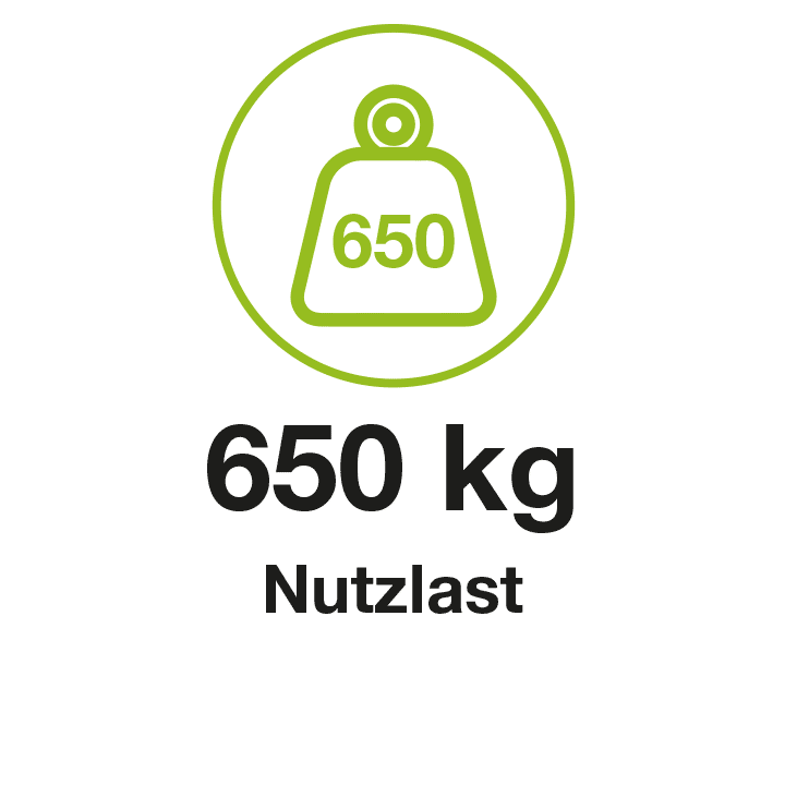 Symbol eines Gewichts von 650 kg mit der Bezeichnung 'Nutzlast' in Schwarz, umgeben von einem grünen Kreis.