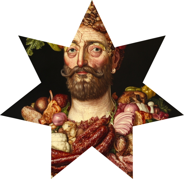 A humorous sculpture of a man's bust surrounded by various meats, vegetables, and herbs, with a painted face and a beard.
