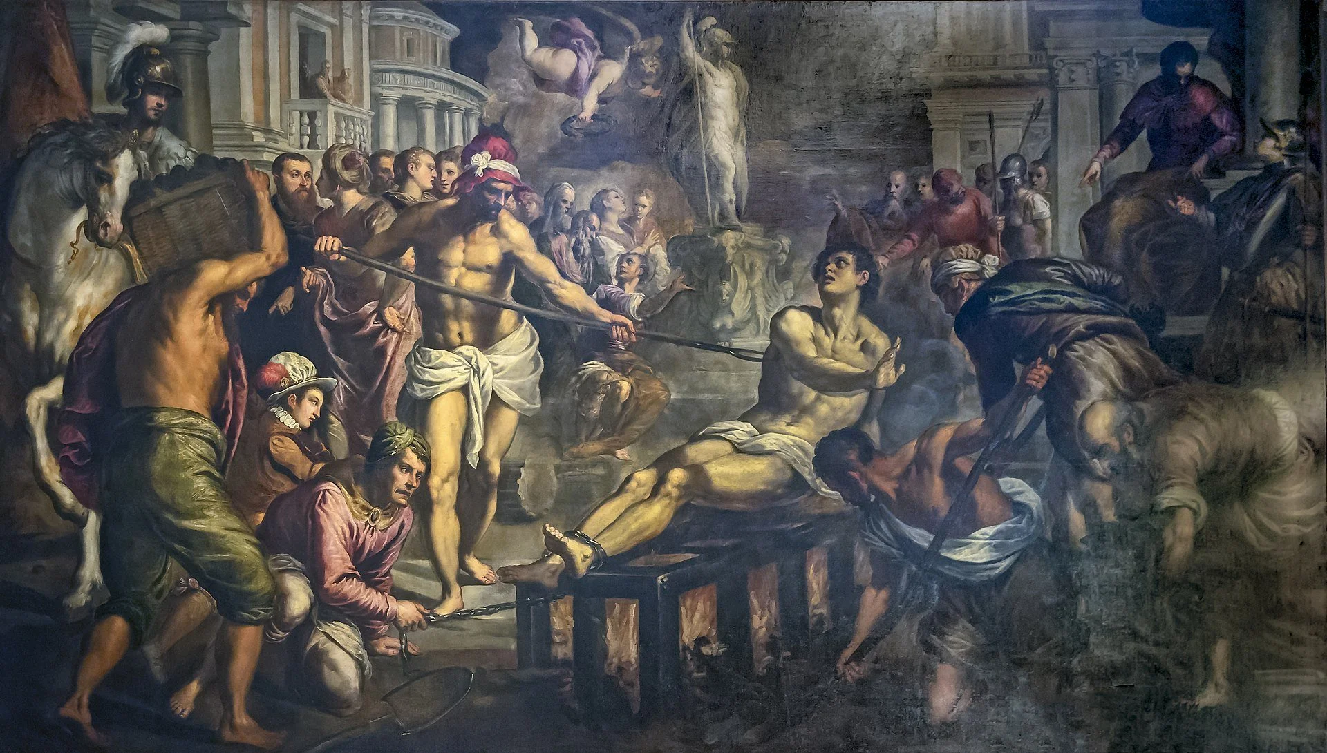 A classical painting depicting the trial of Jesus Christ, with soldiers and witnesses surrounding Jesus, who is lying on a platform. The scene is set in an ancient Roman or Jewish setting with detailed architecture and figures in period clothing.