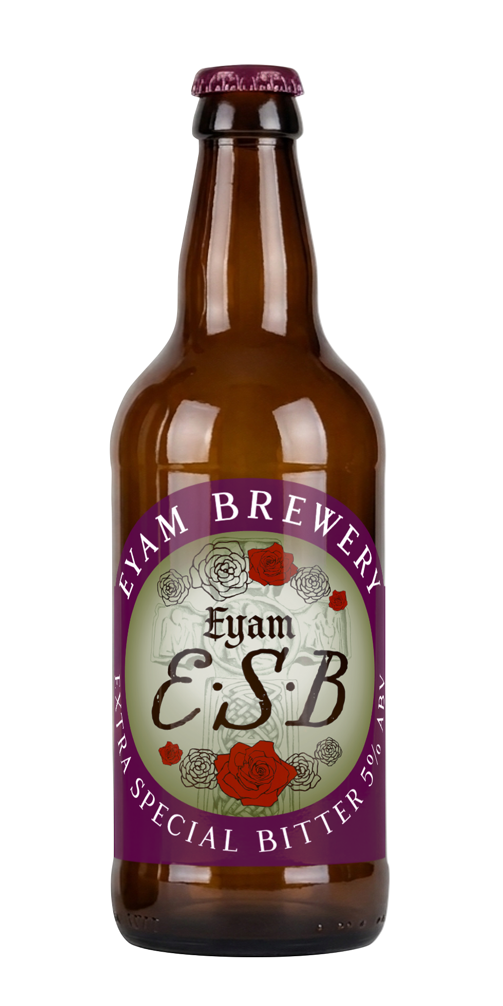 A brown glass bottle of Eyam Brewery's Extra Special Bitter beer with purple and white label featuring roses and the brewery's name.