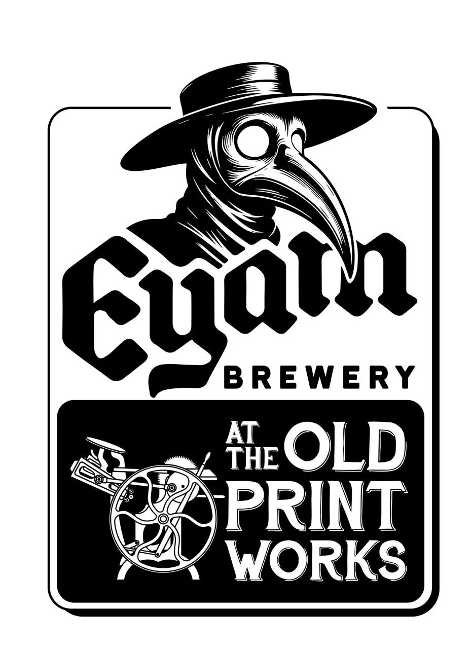Black and white logo of Cuyahoga Brewery with a plague doctor figure wearing a wide-brimmed hat and a beaked mask, and text reading "Cuyahoga Brewery at the Old Print Works" with an illustration of a printing press.
