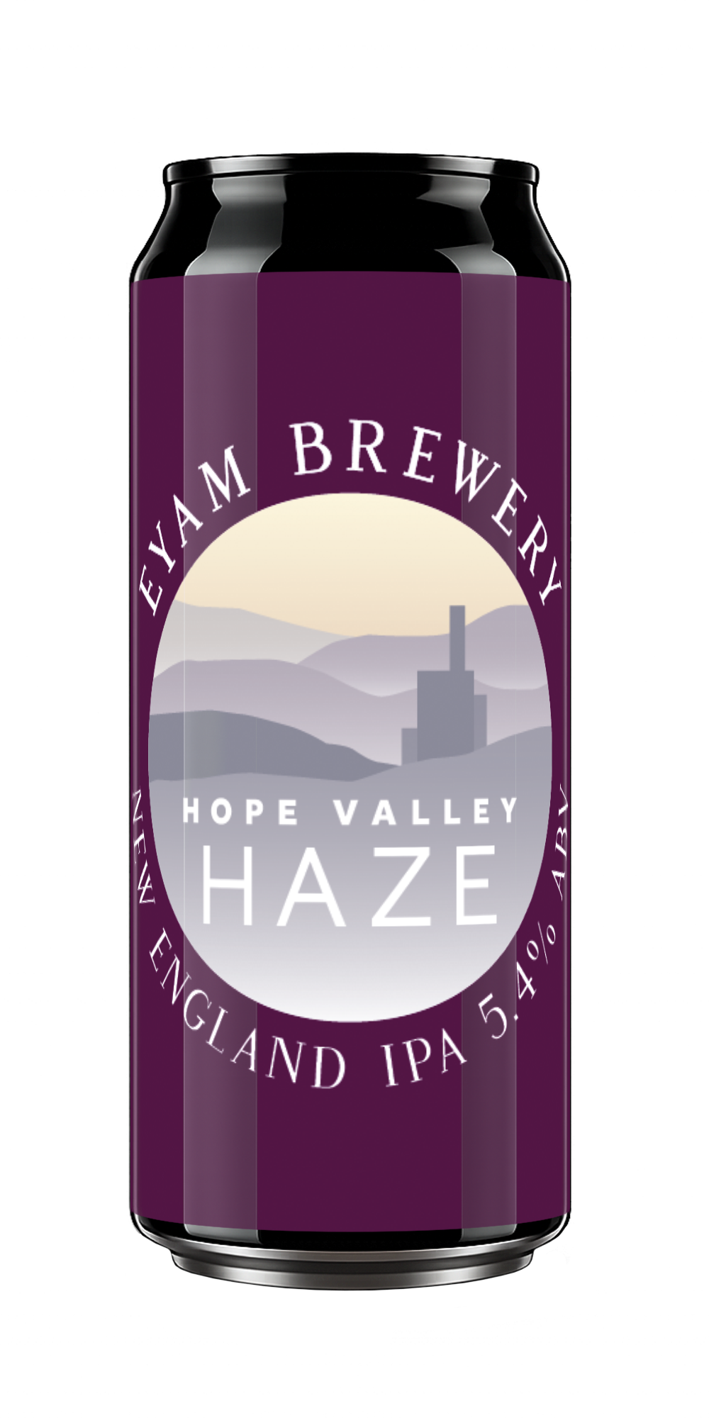 A can of Elyam Brewery Hope Valley Haze India Pale Ale, with a purple label featuring a landscape of hills and a distillery silhouette.