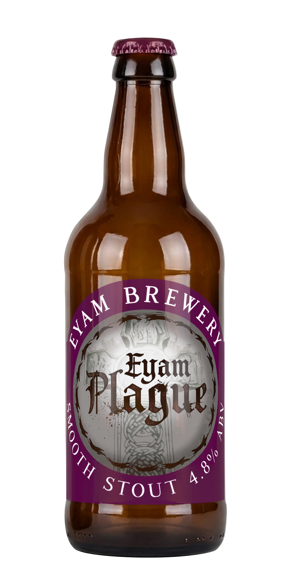 A brown glass bottle of Eyam Pagoda Highland Stout beer with a purple label featuring a decorative emblem and text.
