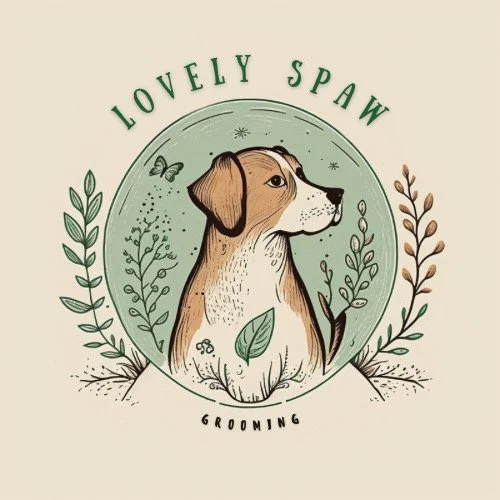 Illustration of a dog sitting among leaves with the text 'Lovely Spaw Grooming' in green, decorative style.
