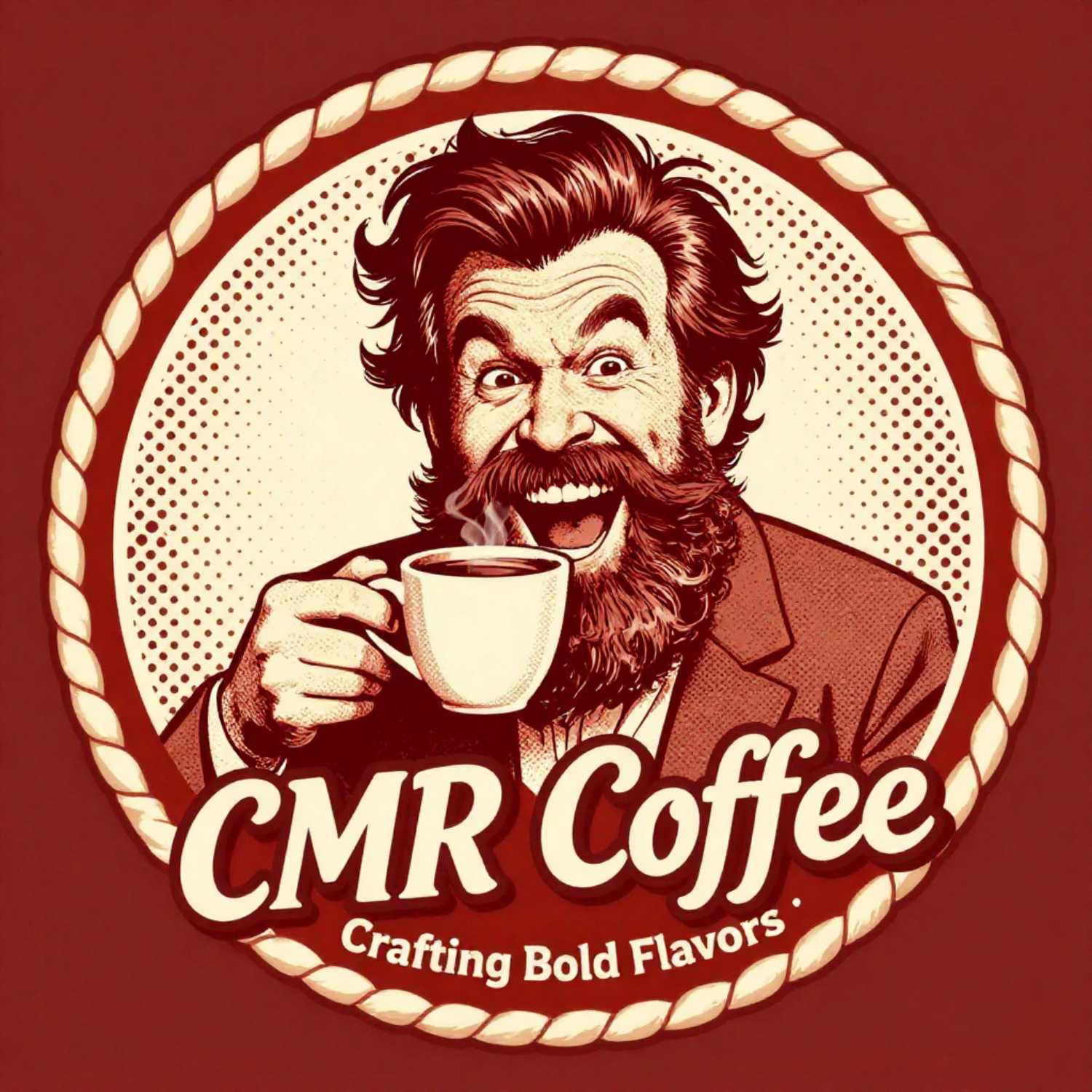 A logo featuring a bearded man with a hairstyle holding a steaming coffee cup, surrounded by a rope border, with the text "CMR Coffee" and the slogan "Crafting Bold Flavors."