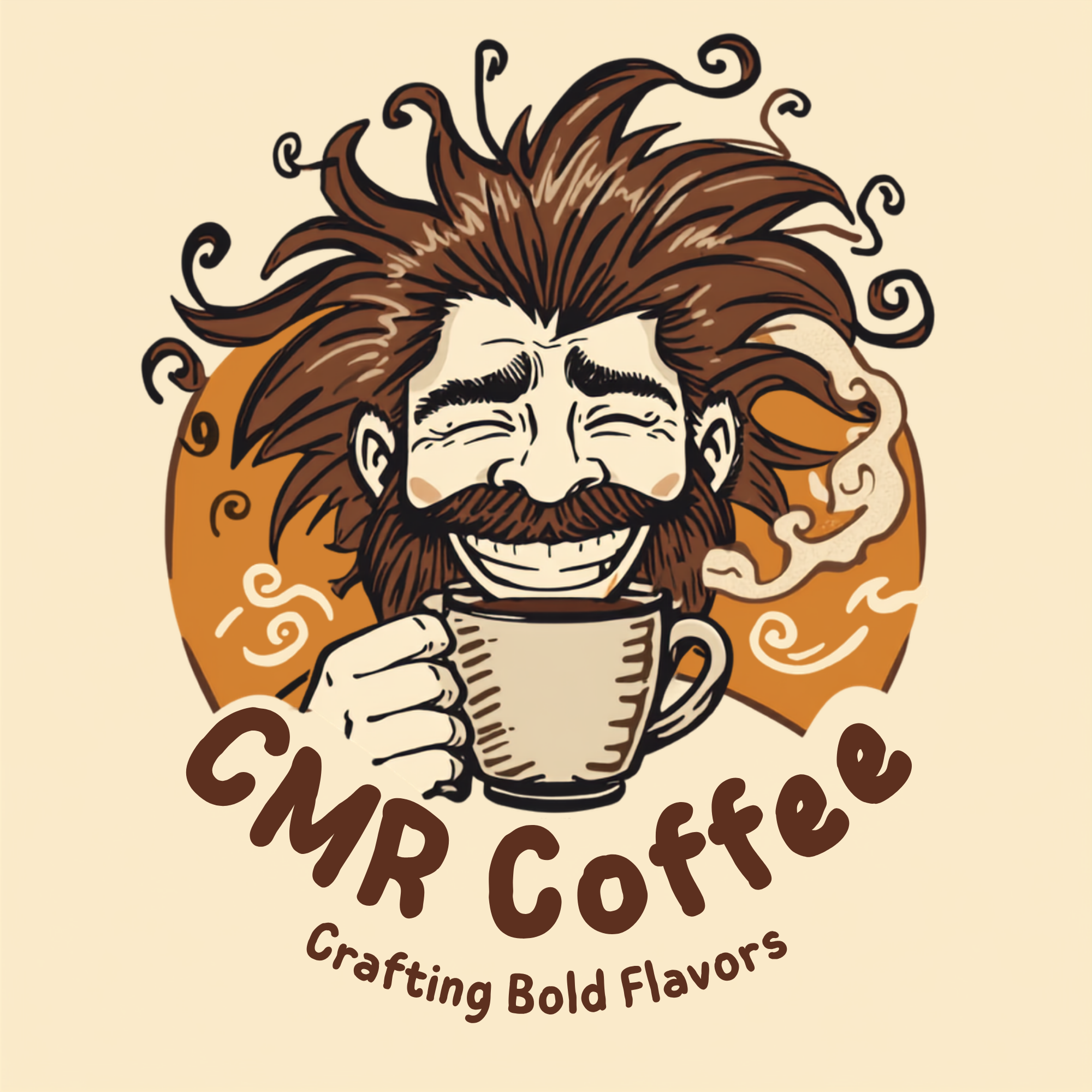 A cartoon illustration of a smiling man with a beard and curly hair, holding a steaming coffee cup, surrounded by swirls and text that reads 'Crafting Bold Flavors' and 'Coffee'.