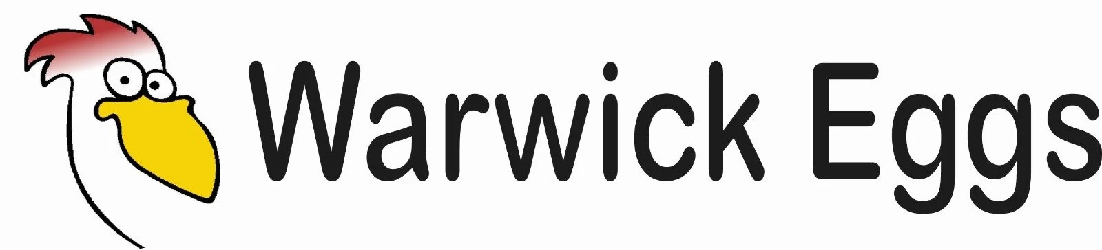 A cartoon illustration of a chicken's head with glasses and red comb, next to the text 'Warwick Eggs' in black font.